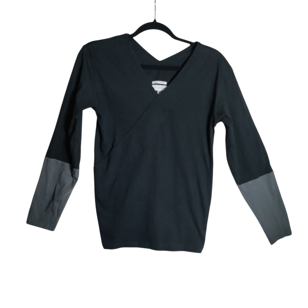 SOU SOU Gibao Japan Cotton V-Neck Colorblock Long Sleeve Top Black Grey M